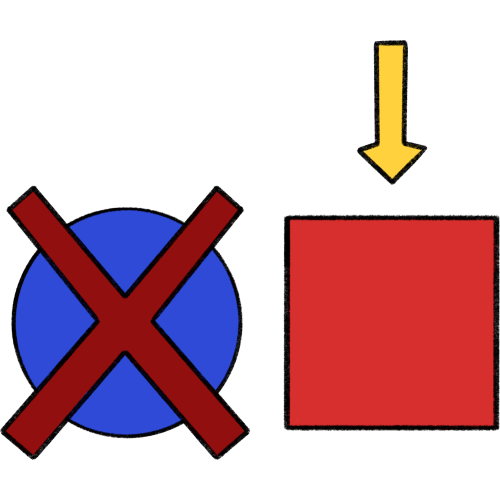  a blue circle next to a red box. the circle is crossed out , while the box has a yellow arrow pointing down on it. 